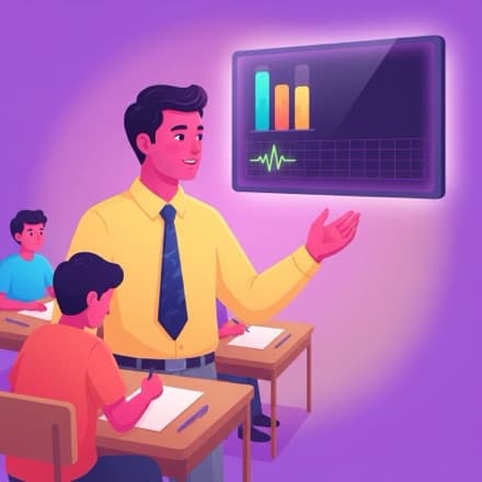 A teacher points at a wall screen where bars and a live pulse line move during class