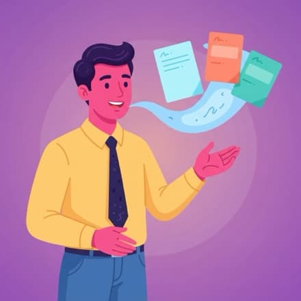 A teacher speaks and a ribbon of words turns into neat note cards beside him