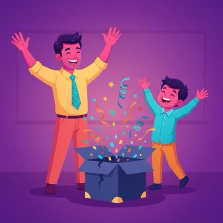 A teacher and student throw their arms up as confetti bursts out of a box