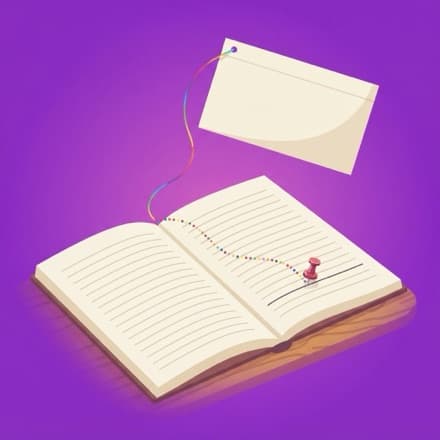 A thread runs from a pinned line in an open book up to the card it came from