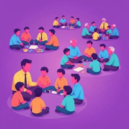A big class split into separate seated circles, each group working on its own round