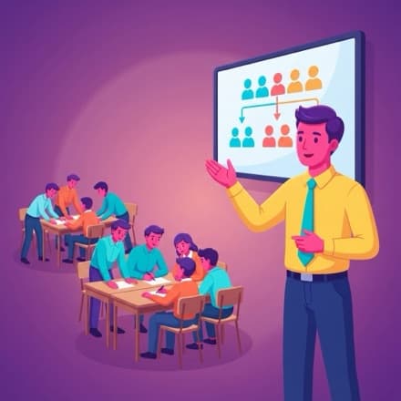 A teacher points at a board splitting the class into groups, students already in clusters