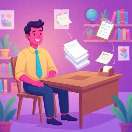 A teacher sits at a clear desk while papers and a checklist sort themselves onto the shelves