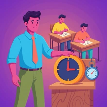 A teacher sets a big clock and a stopwatch on the desk while students work