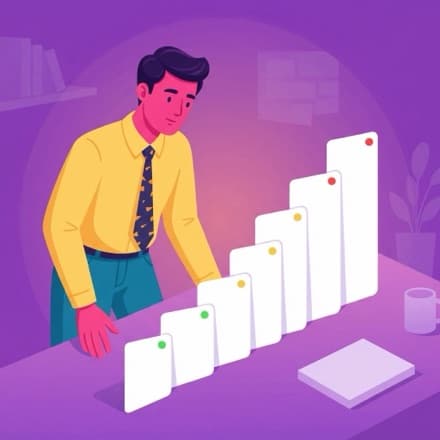 A teacher looks over cards lined up short to tall, each marked with a green, yellow, or red dot