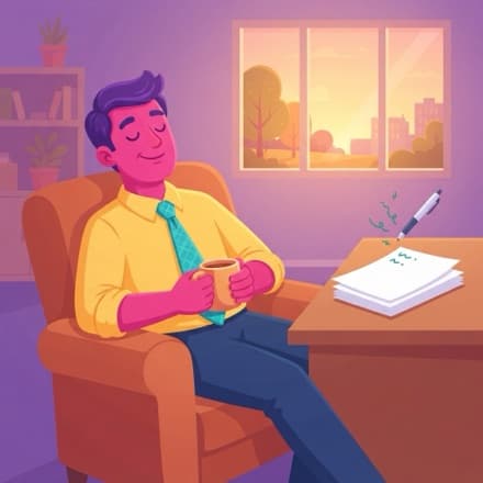 A teacher rests with a mug at sunset while a pen fills in the pages by itself